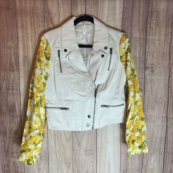 Mural Denim Jacket Yellow Floral Sleeve Biker Double Zip Pockets Size Medium - Picture 1 of 10